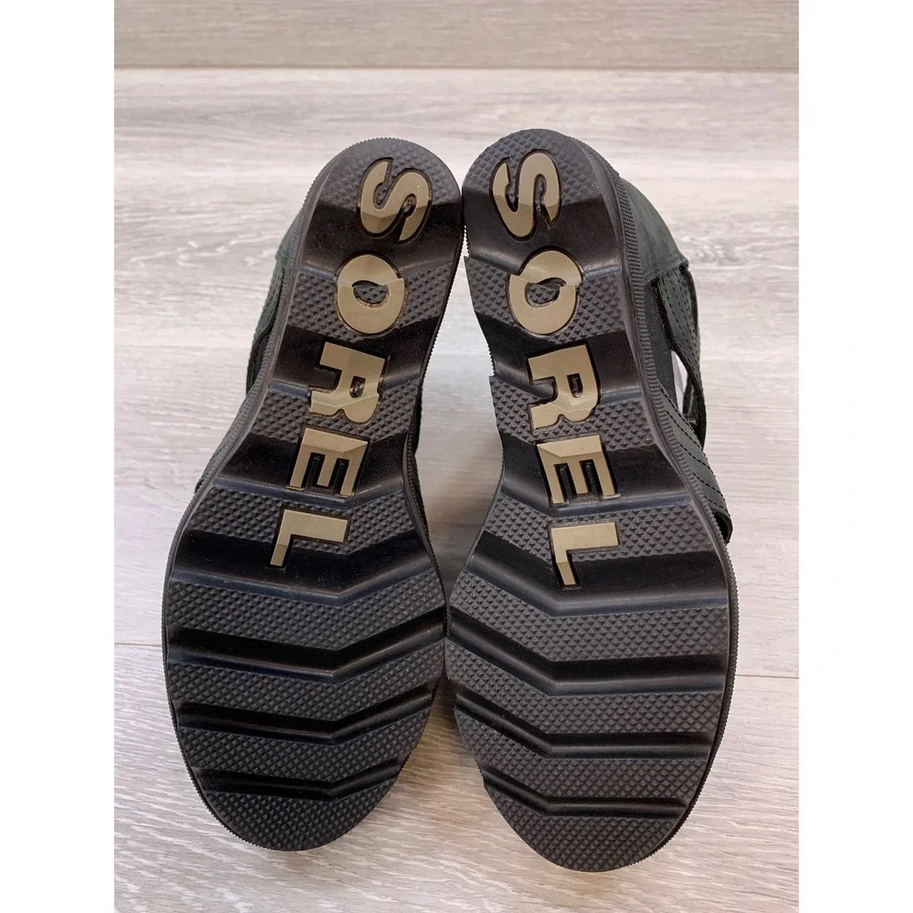 Sorel Joanie II LWomen's Lace Wedge Sandals Black Leather Gladiator 8 Shoes
